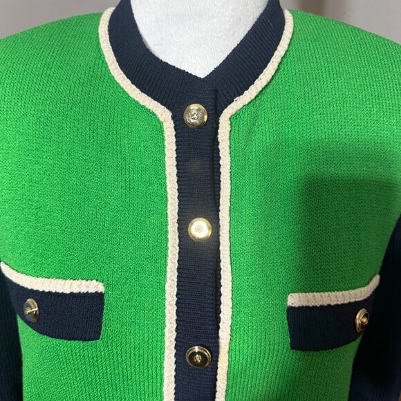 St John Collection by Marie Gray Knit Kelly Green Navy Blue Sweater size 6 - Picture 2 of 10